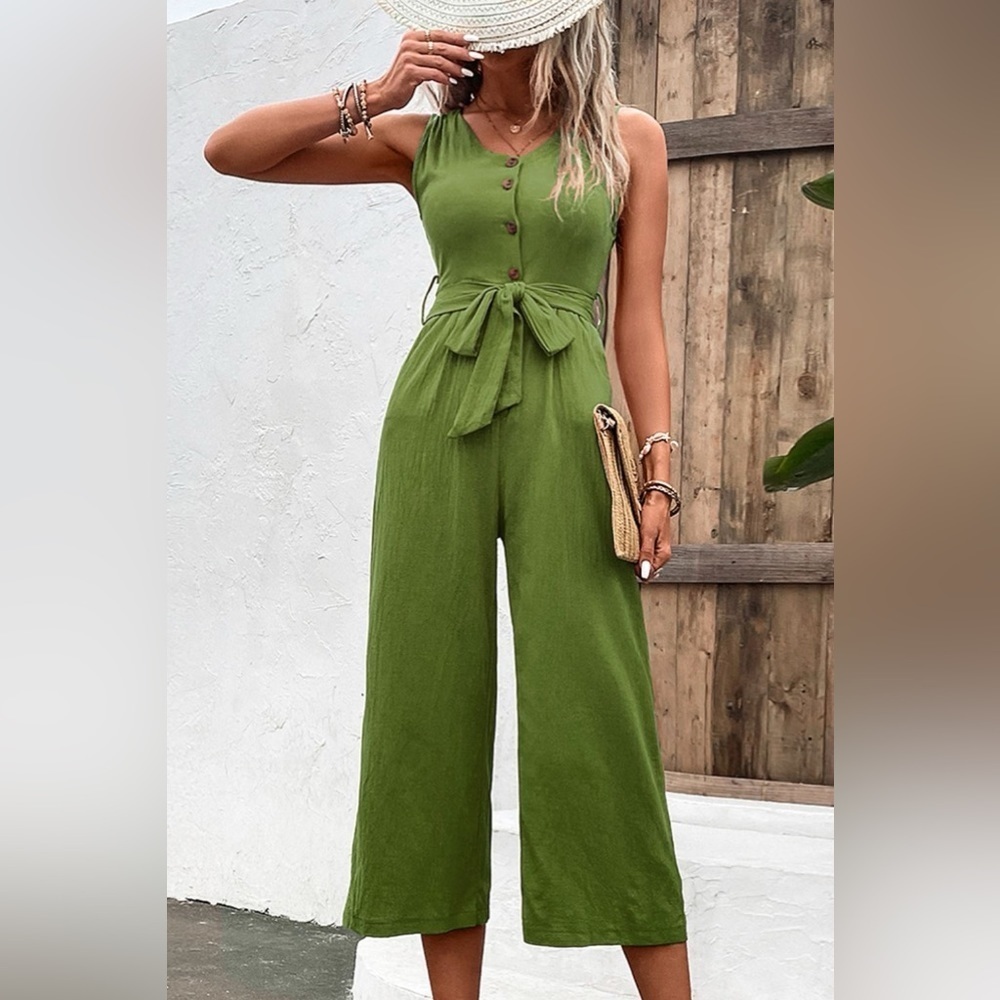 Summer Quench Button Front V Neck Tie Waist Jumpsuit